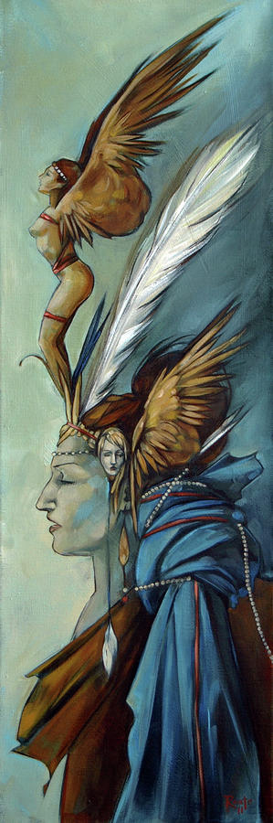 Feather Painting - Blue Art Deco Indian Headdress Hood Ornamental by Jacqueline Hudson