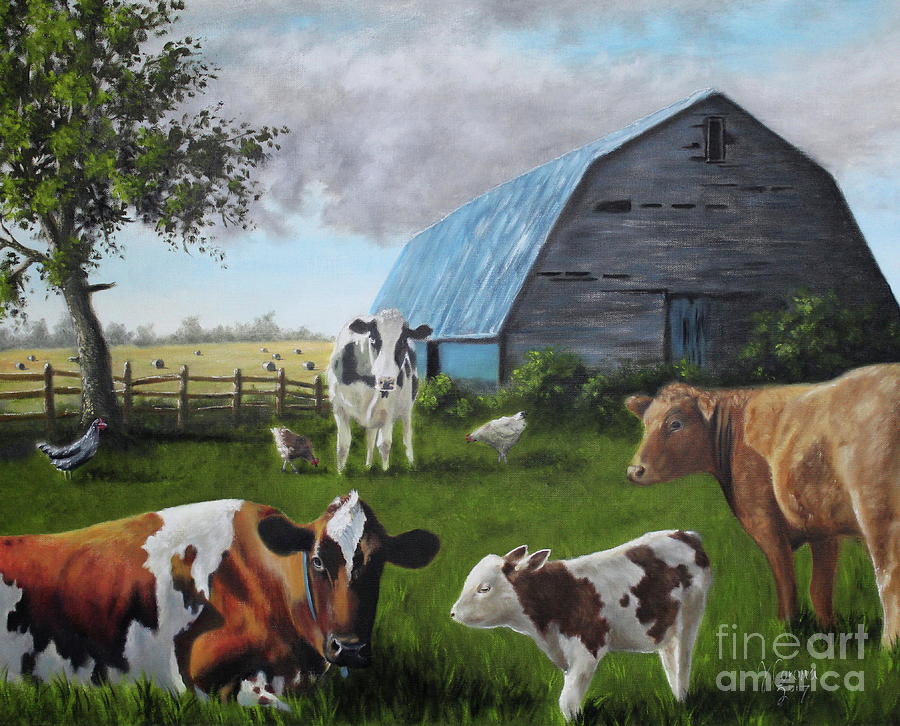 Cow Painting - Blue barn by Jose Corona