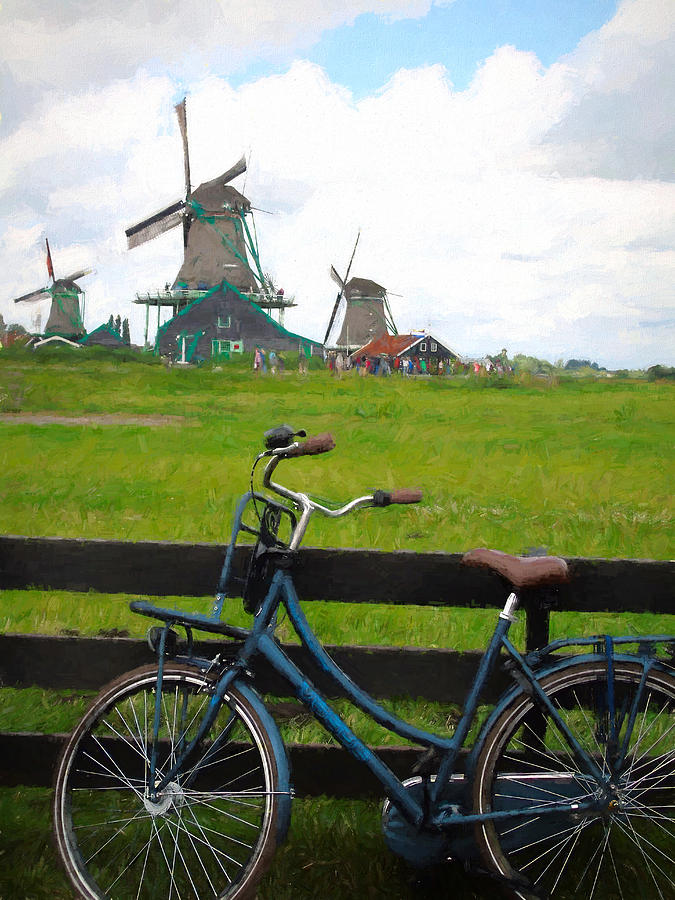 Transportation Mixed Media - Blue Bicycle and Windmills by Susan Lafleur