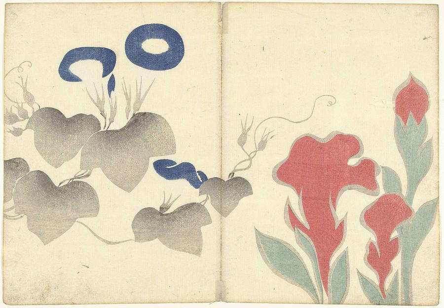 Blue bindweed and red flowers, Nakamura Hochu, 1826 Painting by Celestial Images