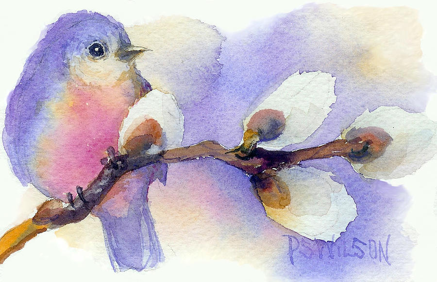 Bluebird Painting - Blue Bird and Pussywillow by Peggy Wilson