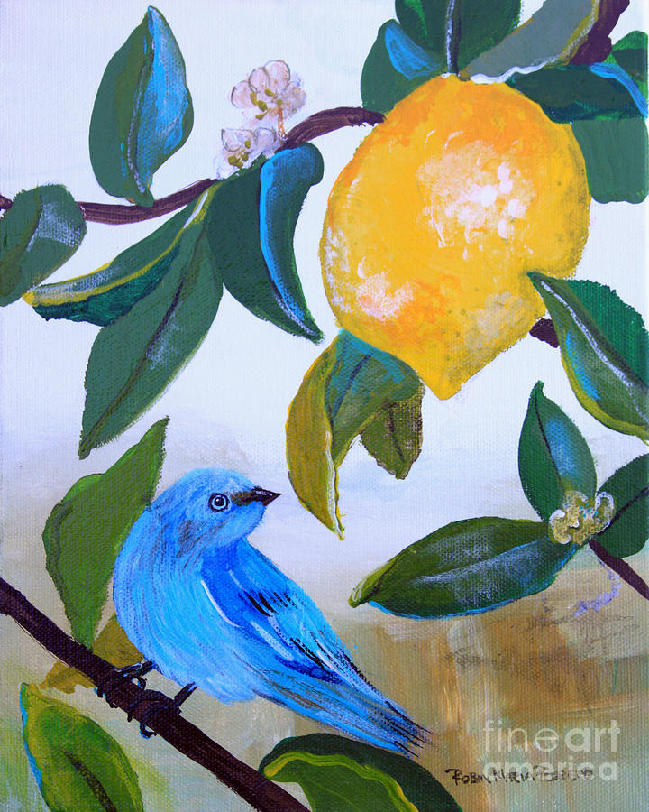 Blue Bird in Lemon Tree Painting by Robin Pedrero