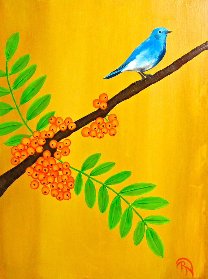Blue Bird in Orange Berries Painting by Renee Noel