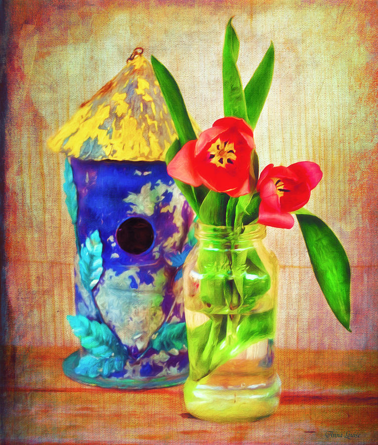 Blue Birdhouse and Red Tulips 2 Photograph by Anna Louise