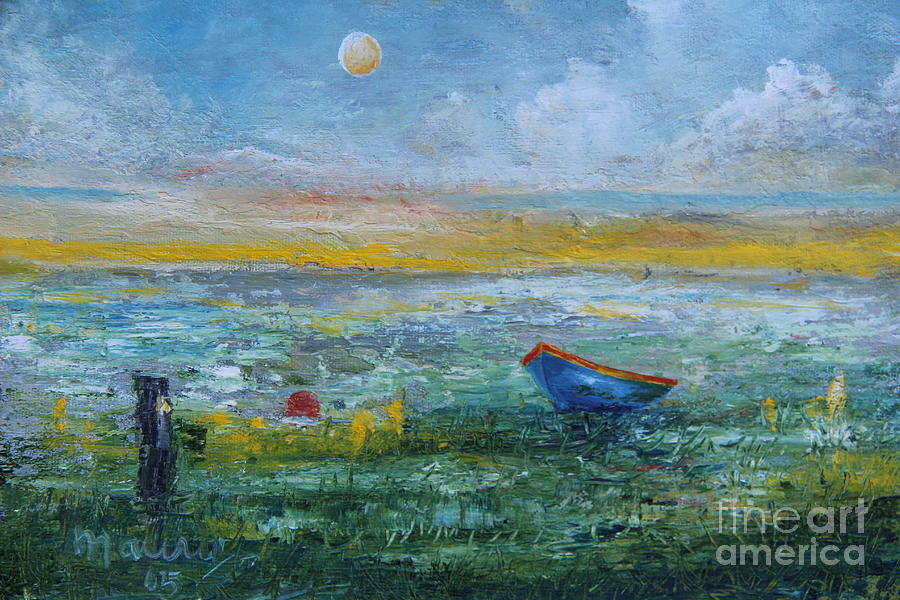 Blue Boat in the Green Lake Painting by Alicia Maury