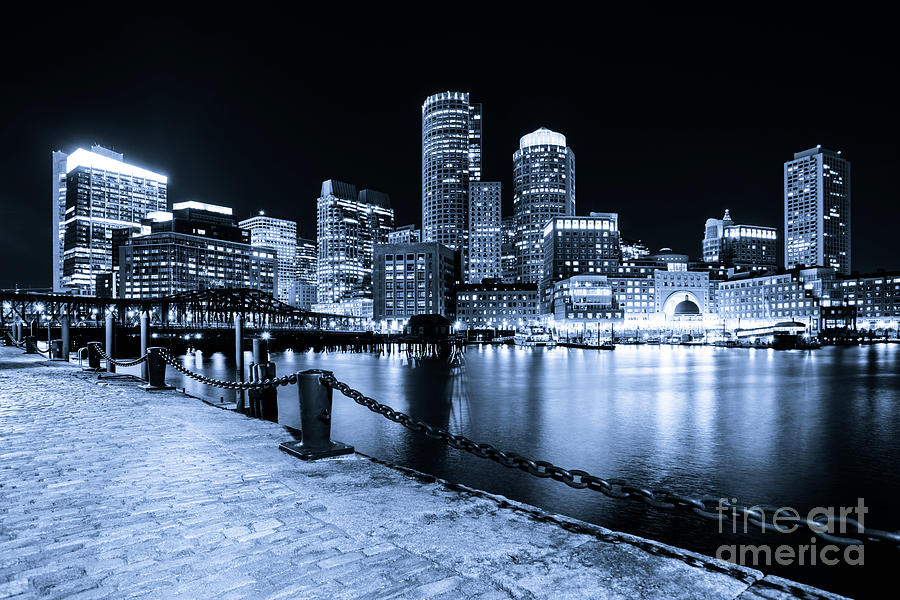Blue Boston Skyline at Night and Harborwalk Photo Photograph by Paul Velgos