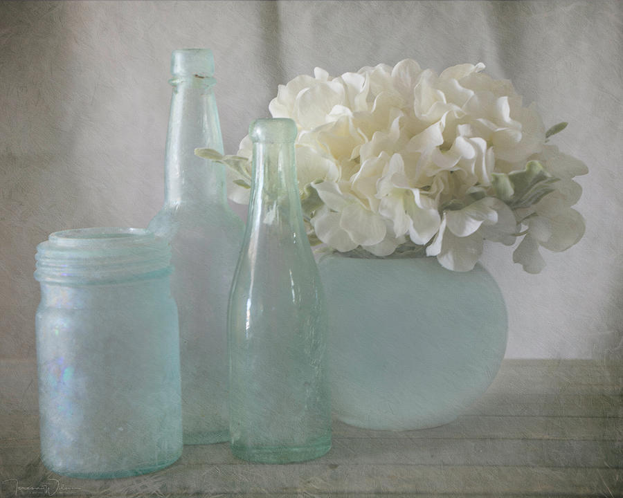 Blue Bottles and Hydrangeas Photograph by Teresa Wilson