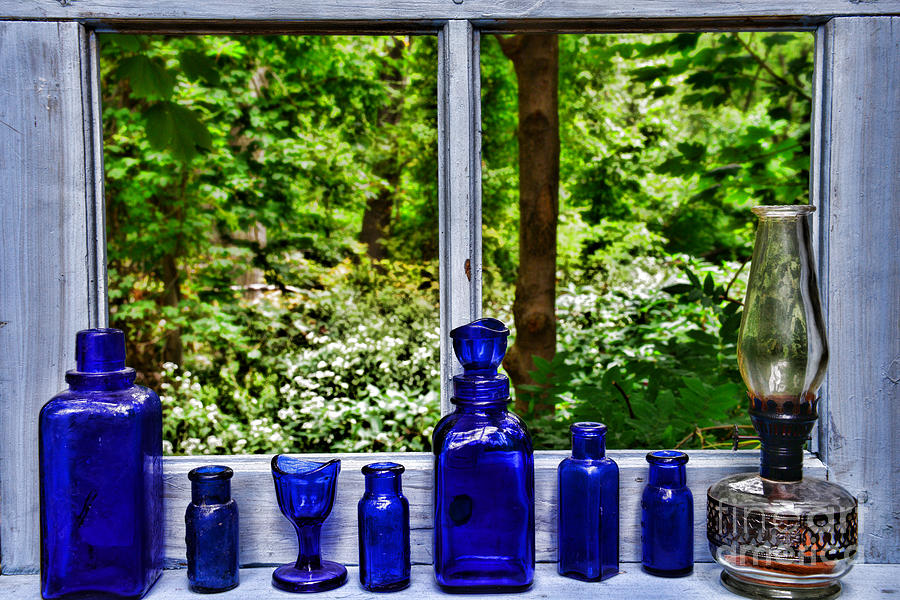 Blue Bottles on Window Sill Photograph by Paul Ward
