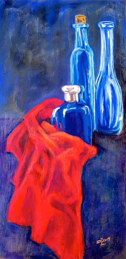 Blue Bottles with Orange Cloth Pastel by Barbara OToole