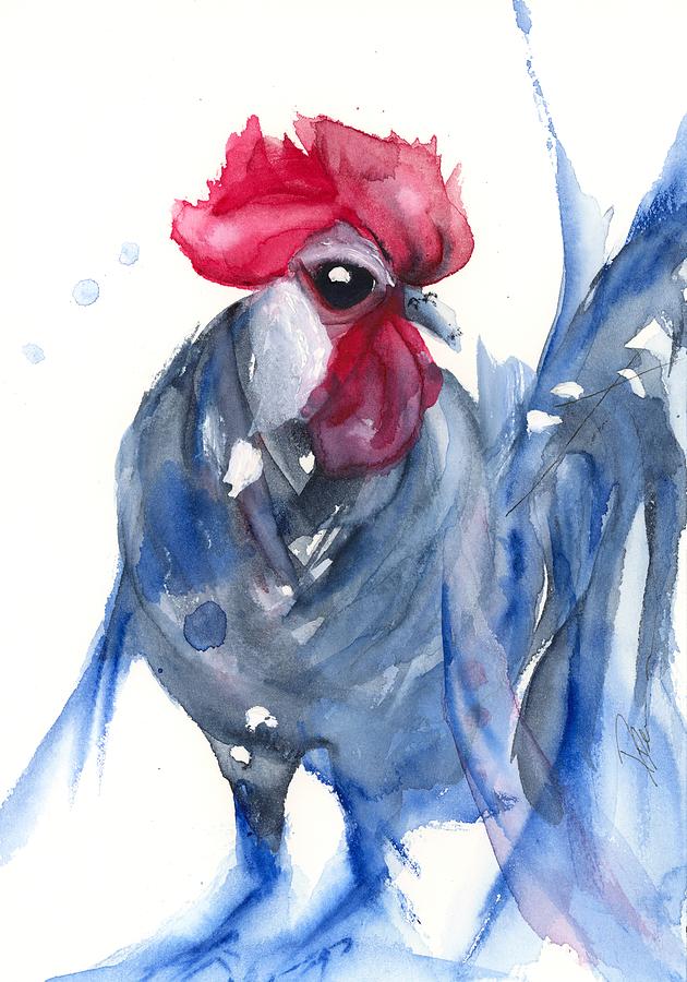 Blue Bresse Rooster Painting by Dawn Derman
