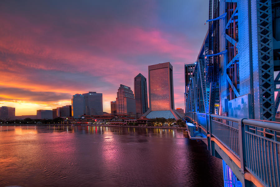 Blue Bridge Red Sky Jacksonville Skyline Photograph by Debra and Dave Vanderlaan
