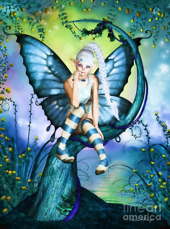 Fairy Digital Art - Blue Butterfly Fairy in a Tree by Alicia Hollinger