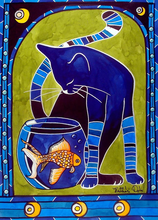 Blue Cat with Goldfish Painting by Dora Hathazi Mendes