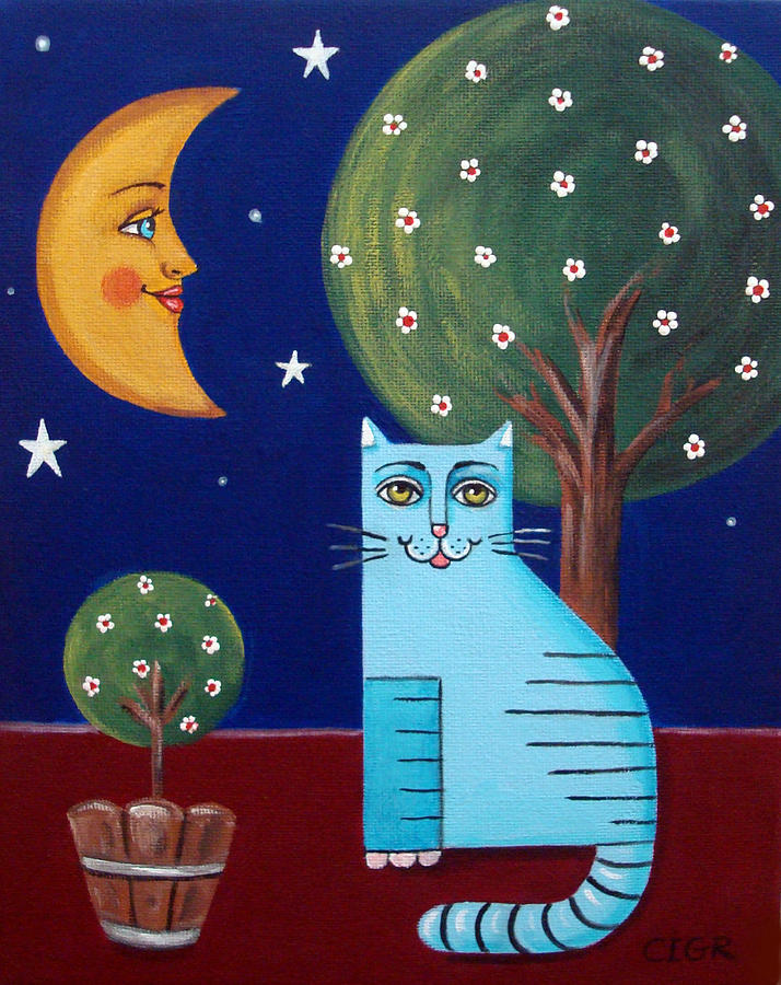 Blue Cat with Moon Painting by Cigr