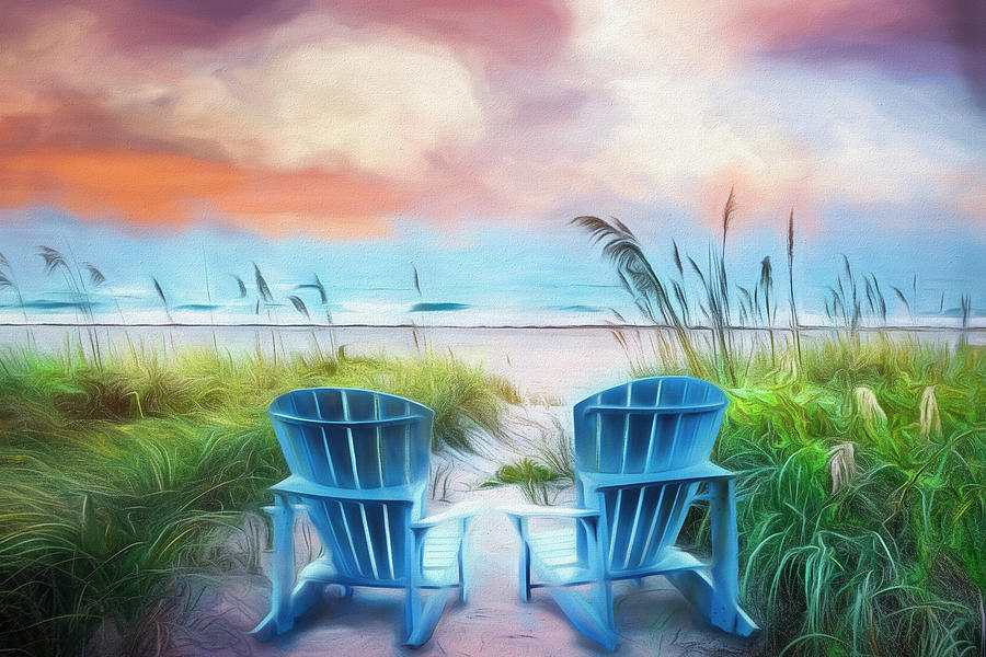 Blue Chairs at the Sea in Soft Watercolors Photograph by Debra and Dave Vanderlaan