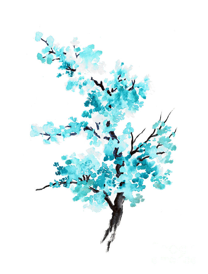 Abstract Painting - Blue cherry blossom tree watercolor painting by Joanna Szmerdt