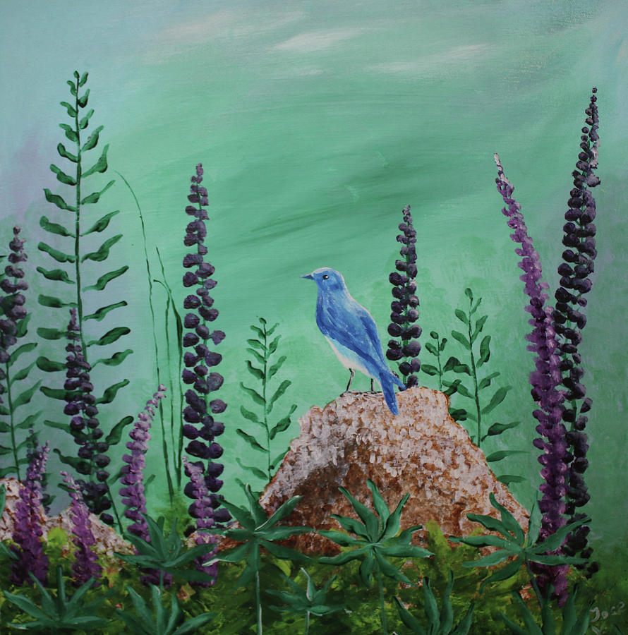 Blue Chickadee Standing On A Rock 2 Painting