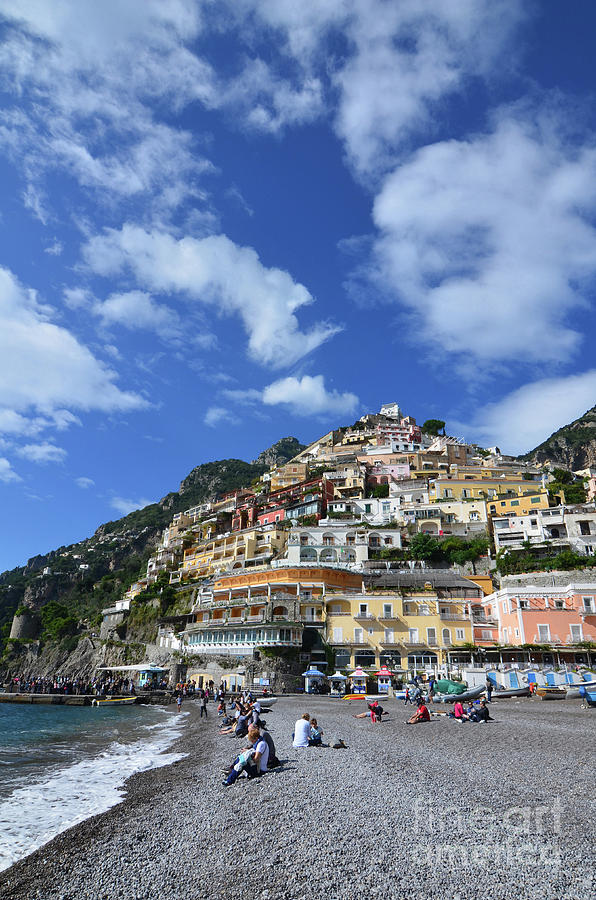 Blue Cloudy Skies Over the Village of Positano in Italy Photograph by DejaVu Designs