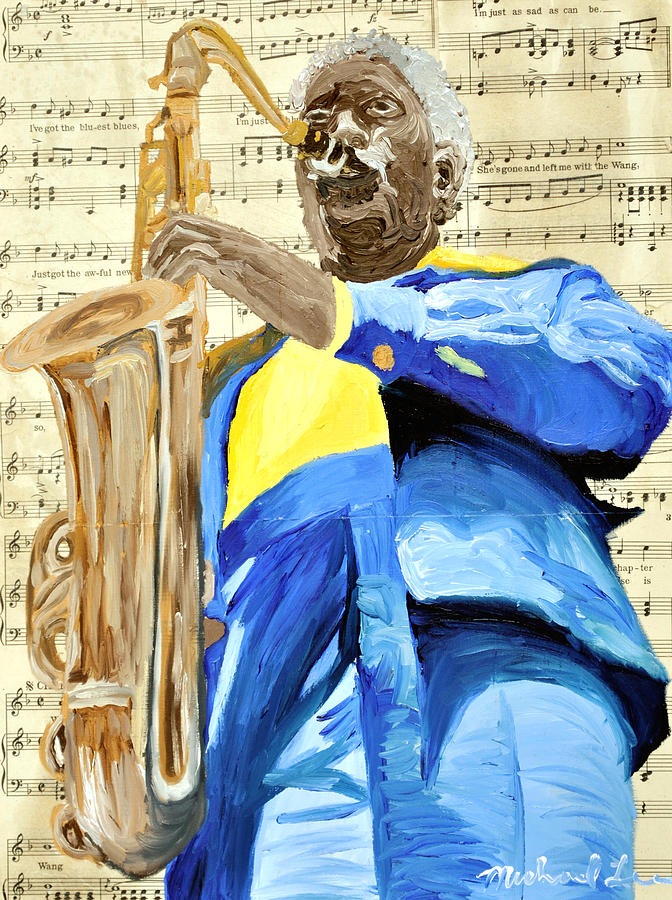 Jazz Painting - Blue Coat Sax Player by Michael Lee