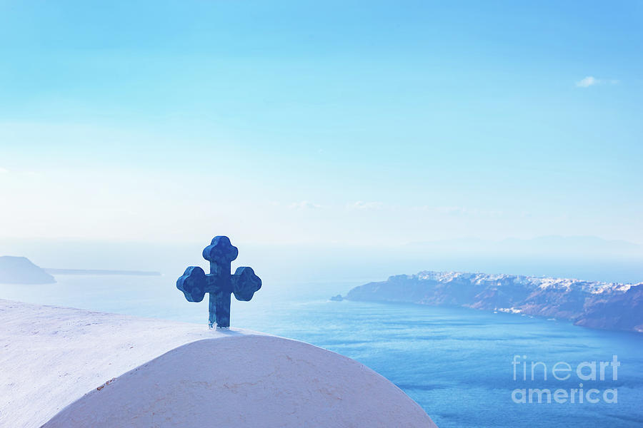 Blue cross on the church roof in Fira on Santorini island, Greece. Aegean sea. view Photograph by Michal Bednarek