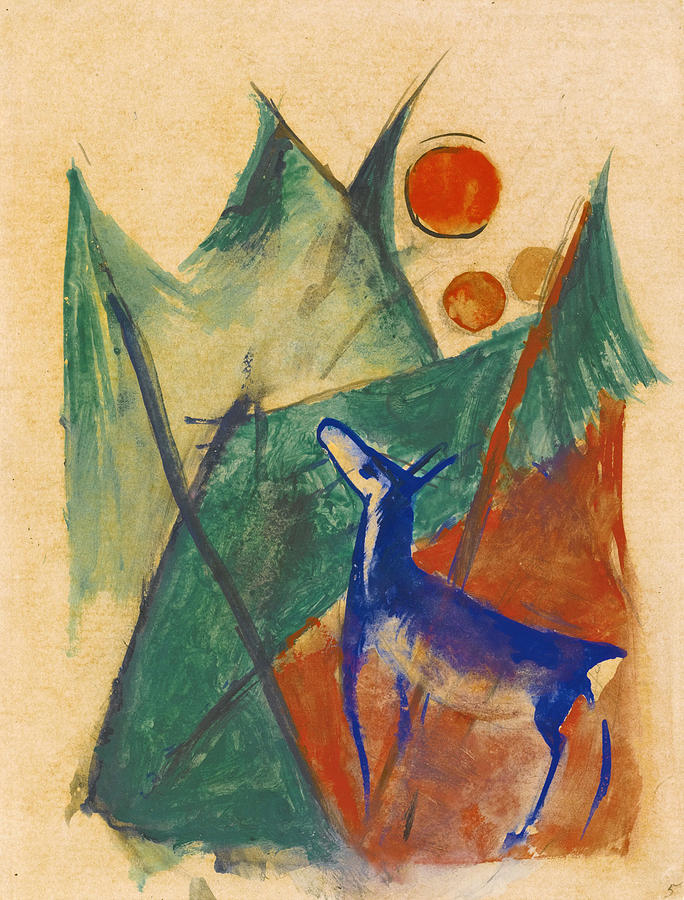 Blue Deer in Landscape Drawing by Franz Marc