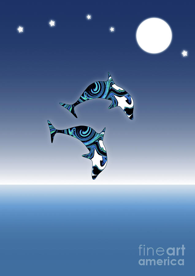 Blue Dolphin Psychedelic Art in the Moonlight  Digital Art by Barefoot Bodeez Art