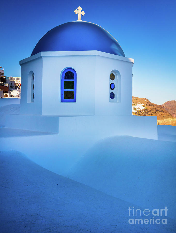Greek Photograph - Blue Domed Chapel by Inge Johnsson
