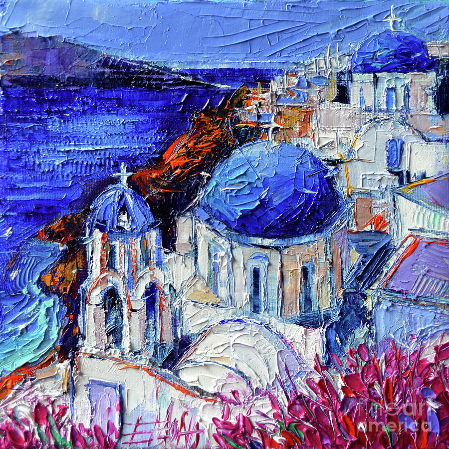 BLUE DOMED CHURCHES IN OIA SANTORINI - Mini Cityscape 08 - palette knife oil painting Painting by Mona Edulesco