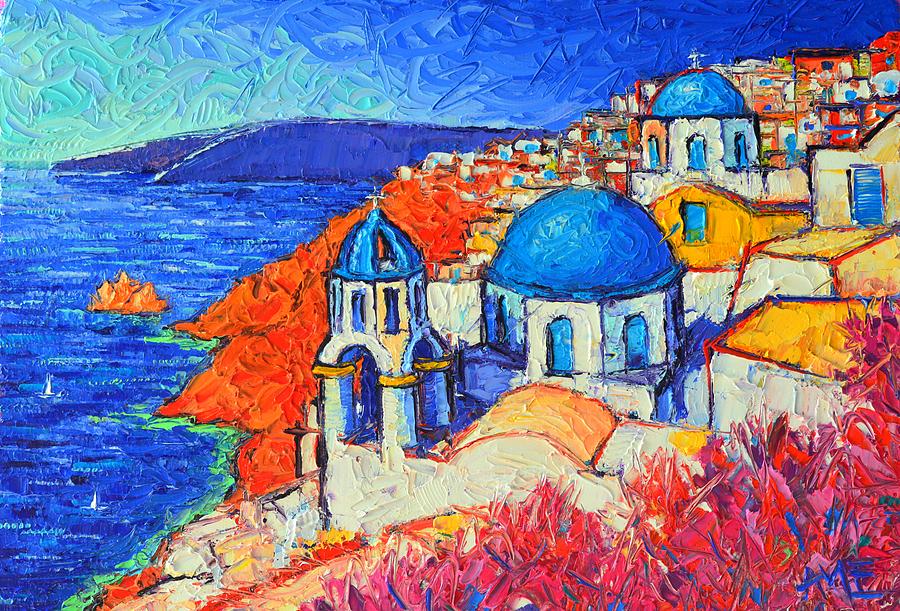 BLUE DOMES IN OIA SANTORINI GREECE original impasto palette knife oil painting by Ana Maria Edulescu Painting by Ana Maria Edulescu