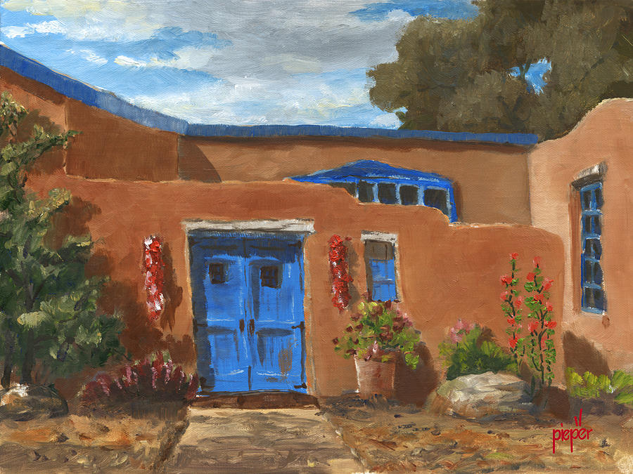 Architecture Painting - Blue Door and Ristras by Ken Pieper