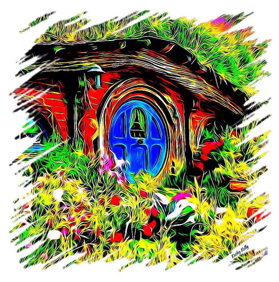 Architecture Photograph - Blue Door Hobbit House-T Shirt by Kathy Kelly