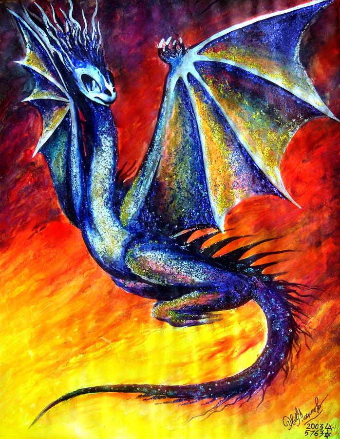 Blue dragon flying over firestorm Painting by Sofia Goldberg | Fine Art ...