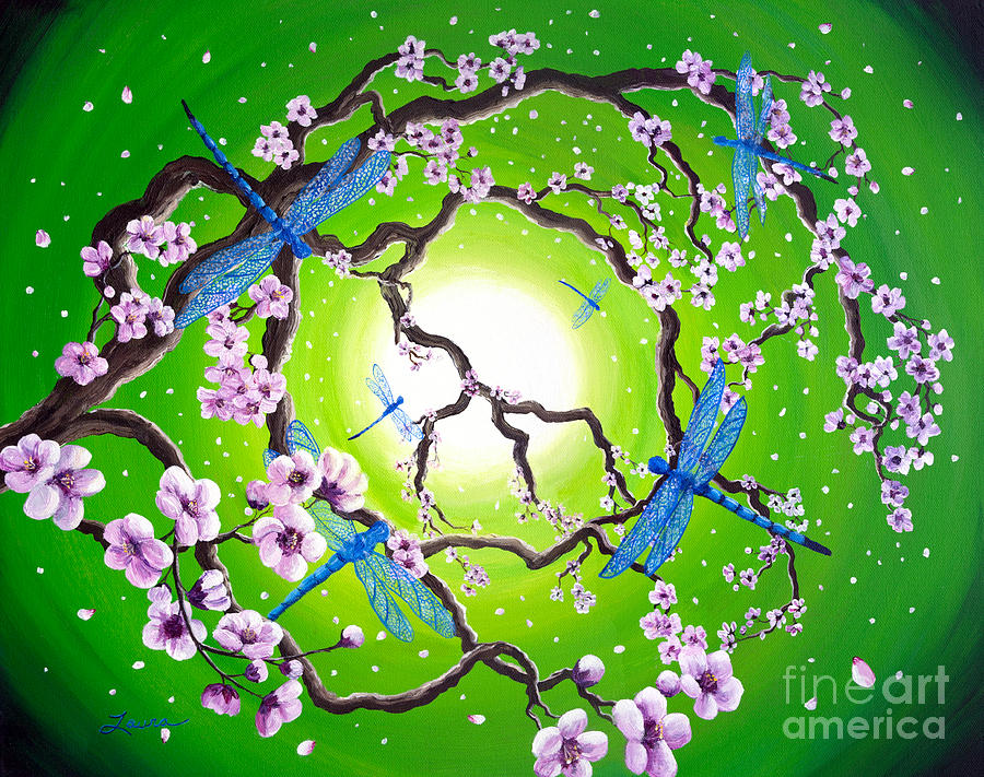 Blue Dragonflies in the Spring Painting by Laura Iverson