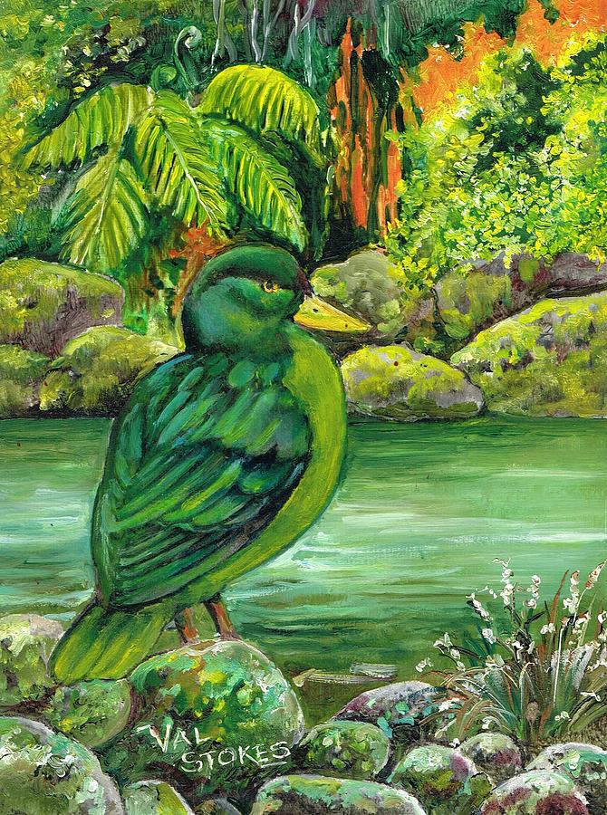 Duck Painting - Blue duck basking on  rock          k. by Val Stokes