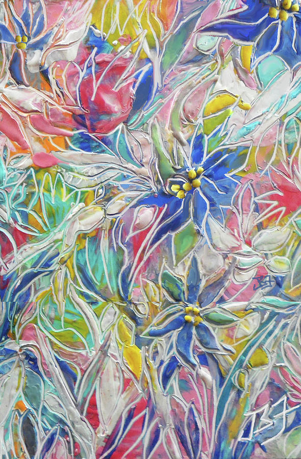 Blue Etched Flowers Painting by Jean Batzell Fitzgerald