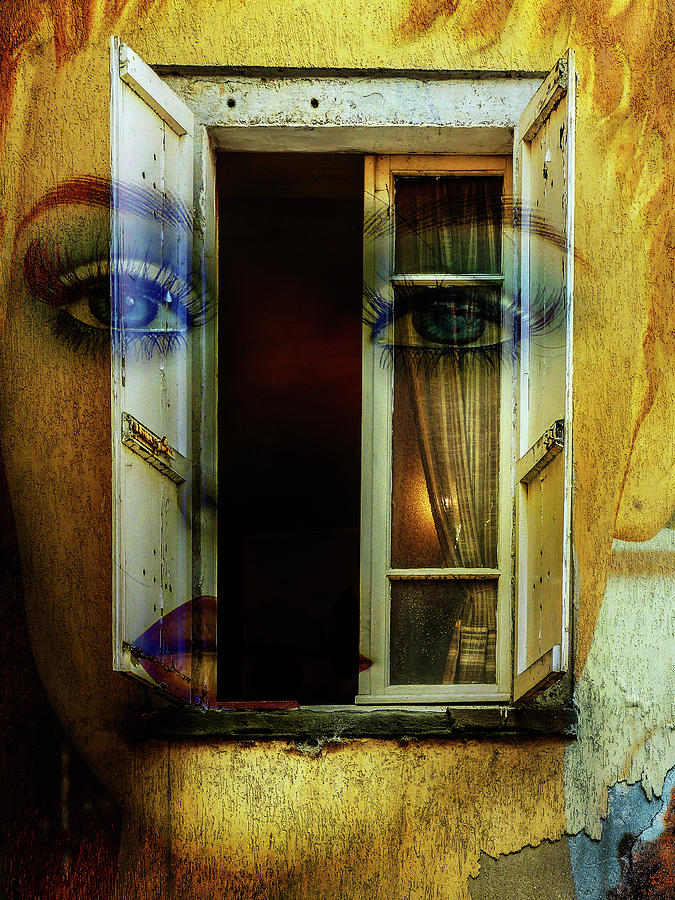 Blue eyes behind the old window Digital Art by Gabi Hampe