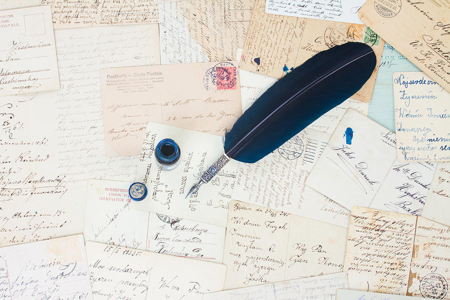 Blue feather Pen with Letters Photograph by Anastasy Yarmolovich