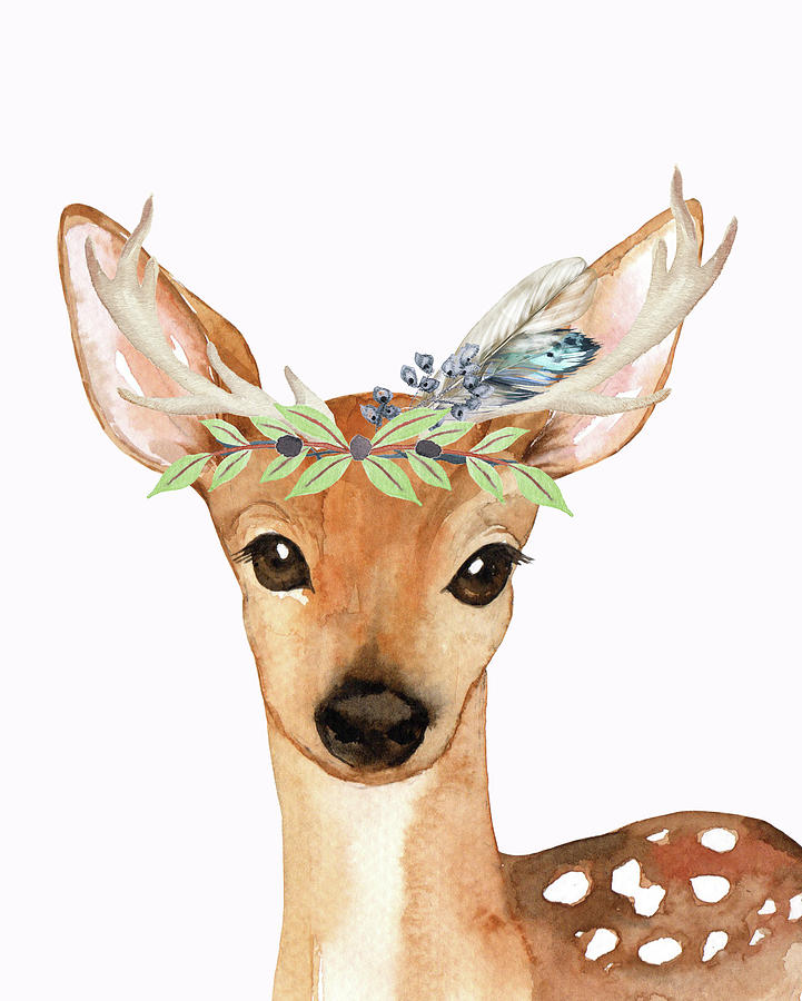 Deer Digital Art - Blue Feather Woodland Boho Deer by Pink Forest Cafe