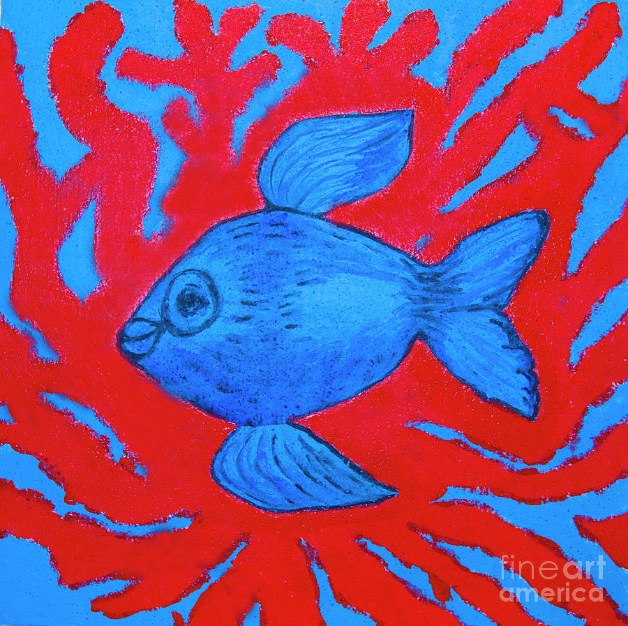 Blue fish and red corals, painting Painting by Irina Afonskaya