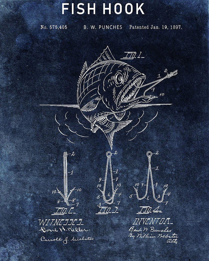 Fish Hook Drawing - Blue Fish Hook Patent by Dan Sproul Fish Hook Drawing - Blue Fish Hook Patent by Dan Sproul
