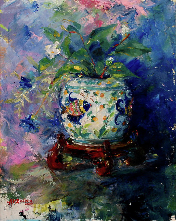 Blue Fish With Flowers Painting by Ann Bailey