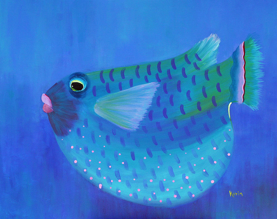 Blue Fish with Pink Lips Painting by Karin Eisermann