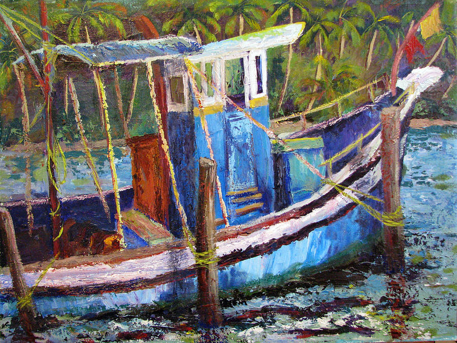 Blue Fishing Boat Painting by Art Nomad Sandra  Hansen