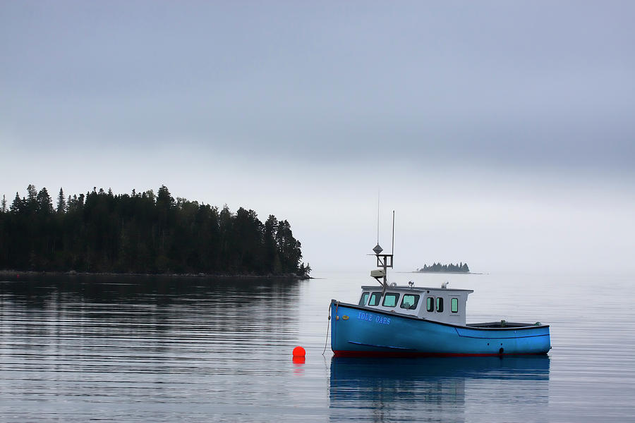 Blue Fishing Boat in Fog Photograph by Carol Leigh