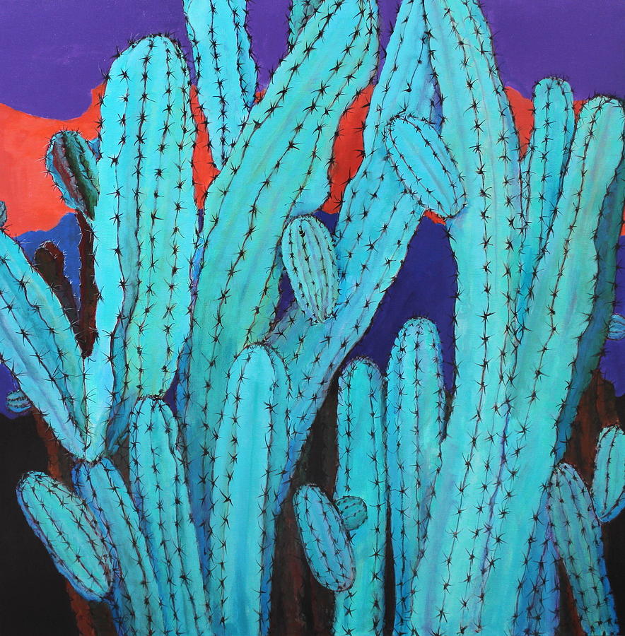 Blue Flame Cactus Acrylic Painting by M Diane Bonaparte