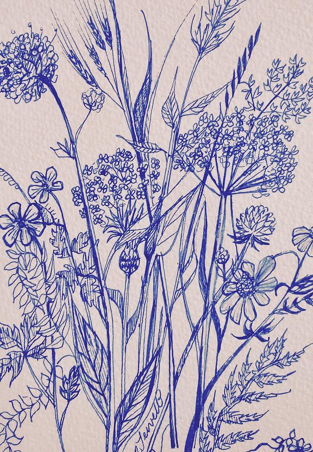 Flower Drawing - Blue Floral Design  by Rosalind Jewell