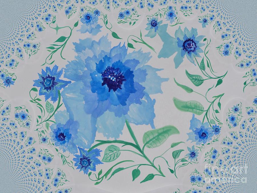 Blue Floral Fractal Painting by Maria Urso