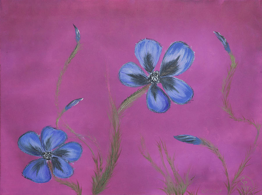 Blue Flower Magenta Background Painting by Stephen Daddona