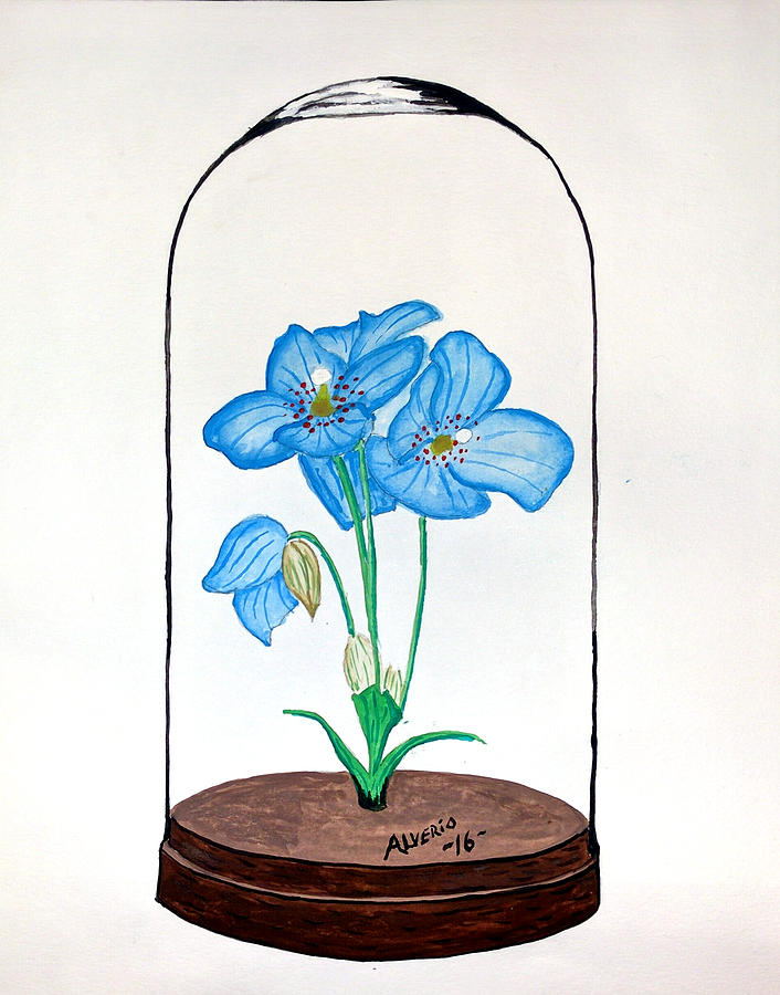 Blue Flower Under Glass Cloche Painting by Edwin Alverio