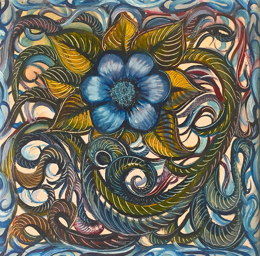 Blue Painting - Blue Flower With Yellow Leaves by Karen Doyle Blue Painting - Blue Flower With Yellow Leaves by Karen Doyle